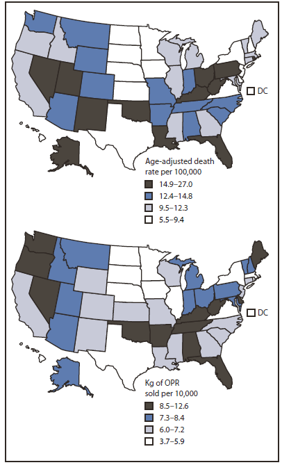 The figure shows drug overdose death rates in 2008 and rates of kilograms (kg) of opioid pain relievers (OPR) sold in 2010 in the United States. Rates for all outcomes studied varied widely.
